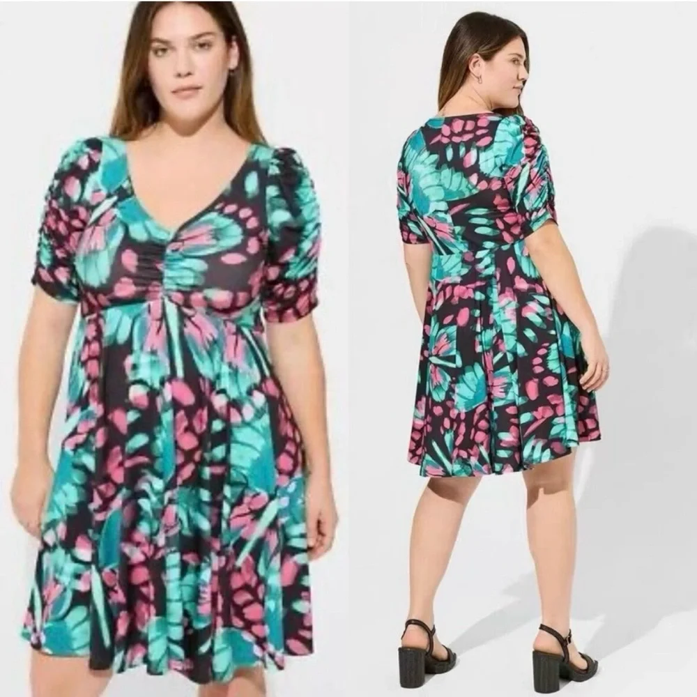 Torrid Mini Dress 1X Studio Knit Cinch Front Skater Butterfly Fairy - Picture 1 of 6